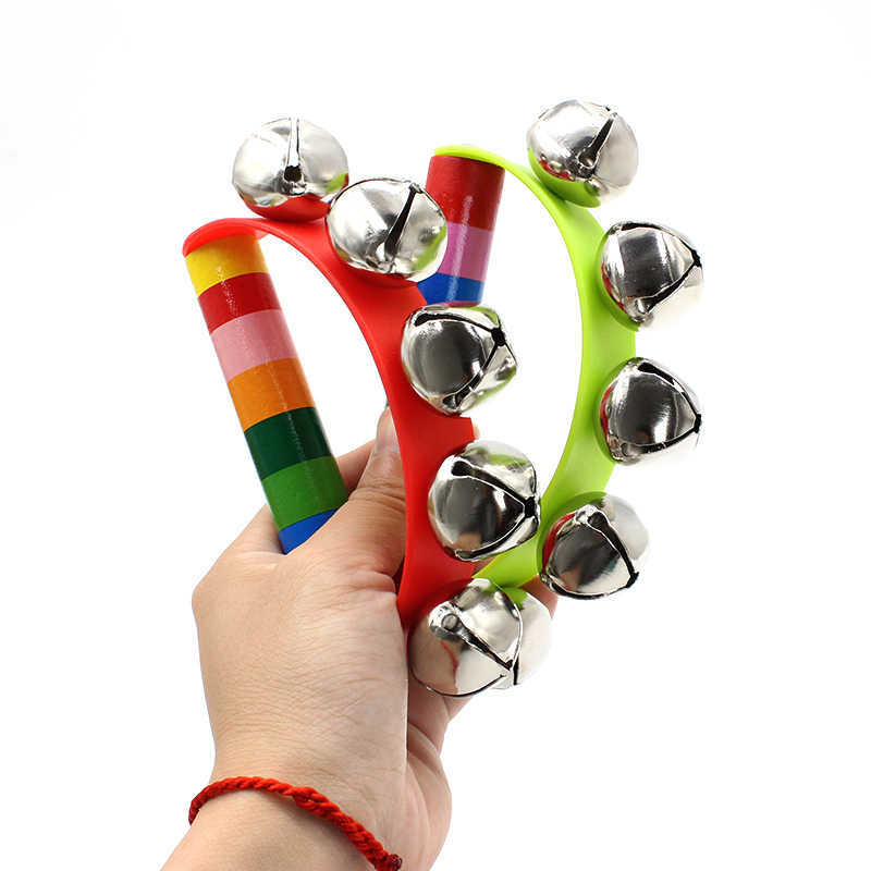 Kids Education Bell - Rainbow Hand Jingle Bells Wooden Handle